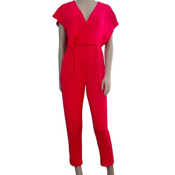 MAX MARA Red Jumpsuit Size 8 Draped Shoulder Tapered Leg V Neck Flutter Sleeves - Picture 15 of 16